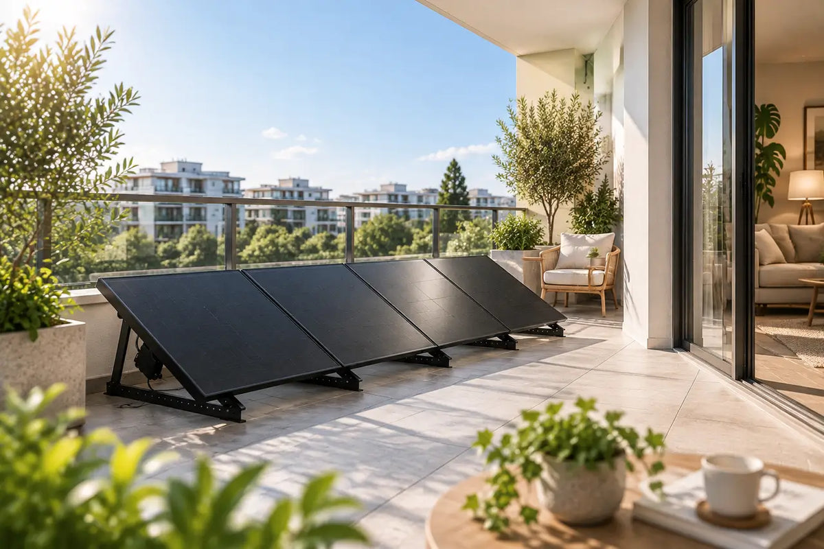 Black solar panels installed on adjustable stands on a sunny apartment balcony with plants and outdoor furniture.