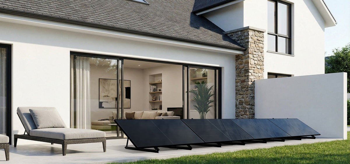 Row of solar panels installed on adjustable stands along the patio of a modern house, providing a residential solar energy setup.