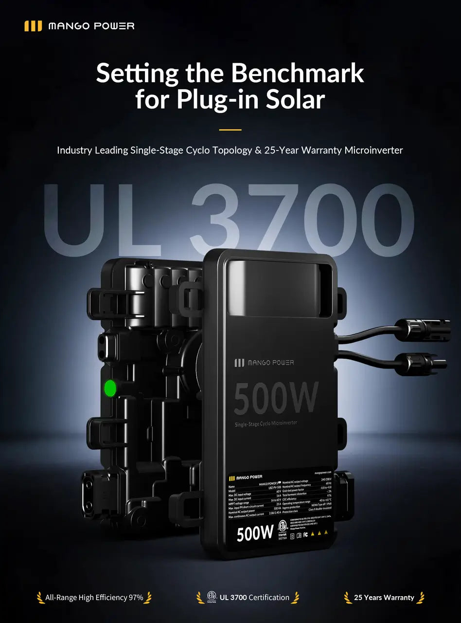 Mango Power S Pro 500W microinverters arranged in a ten-unit product configuration.