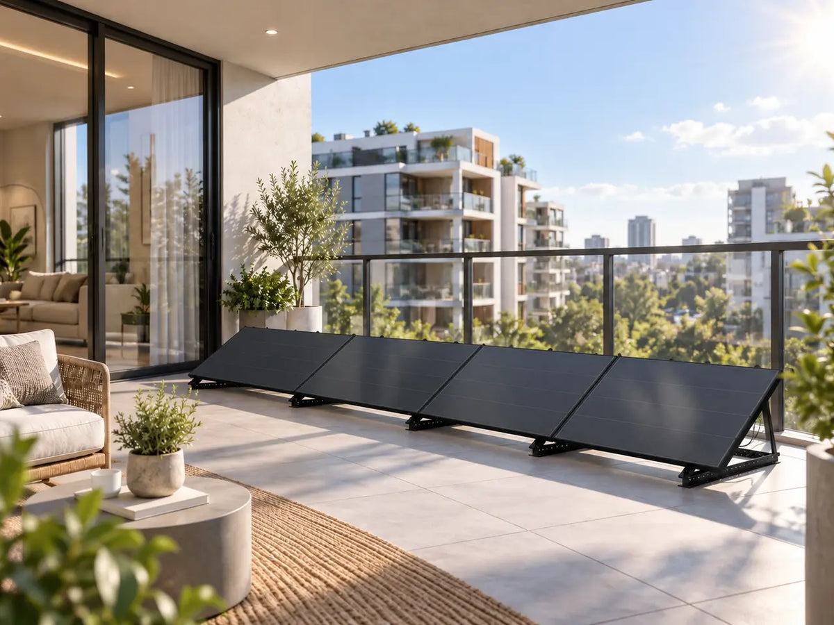 Row of black solar panels positioned along a spacious apartment balcony overlooking nearby residential buildings.